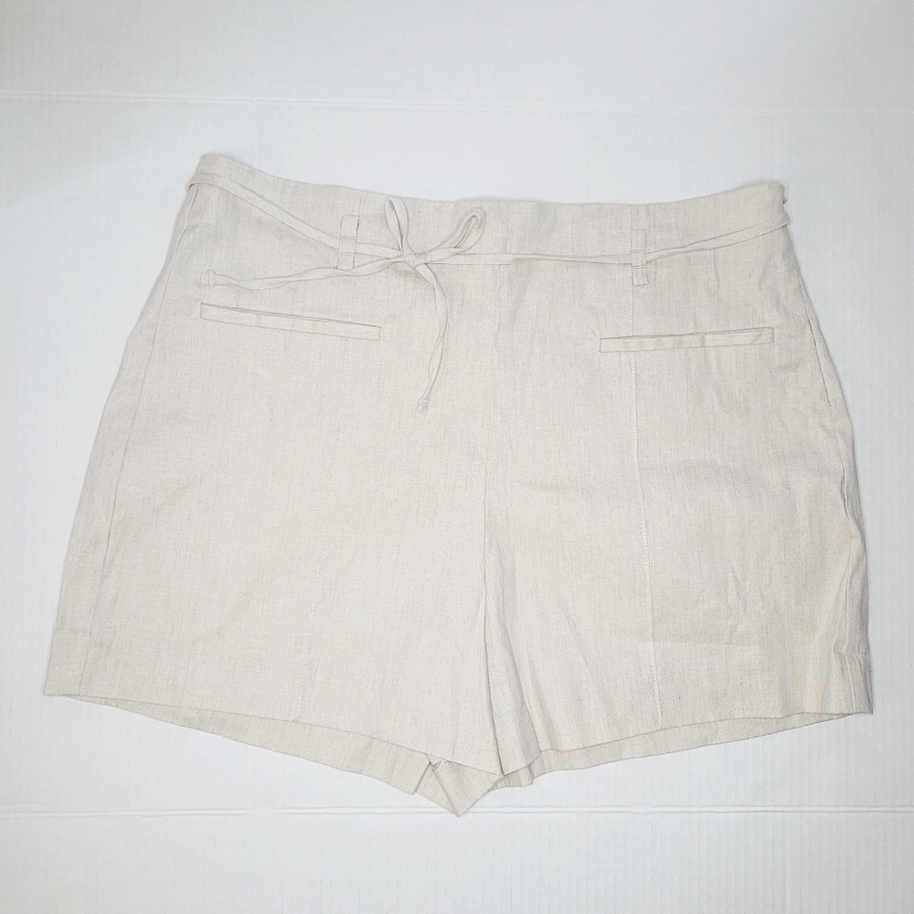 Mango Shorts Linen Blend Womens Beige Size 10 Zip Side Tie Waist Tropical Summer